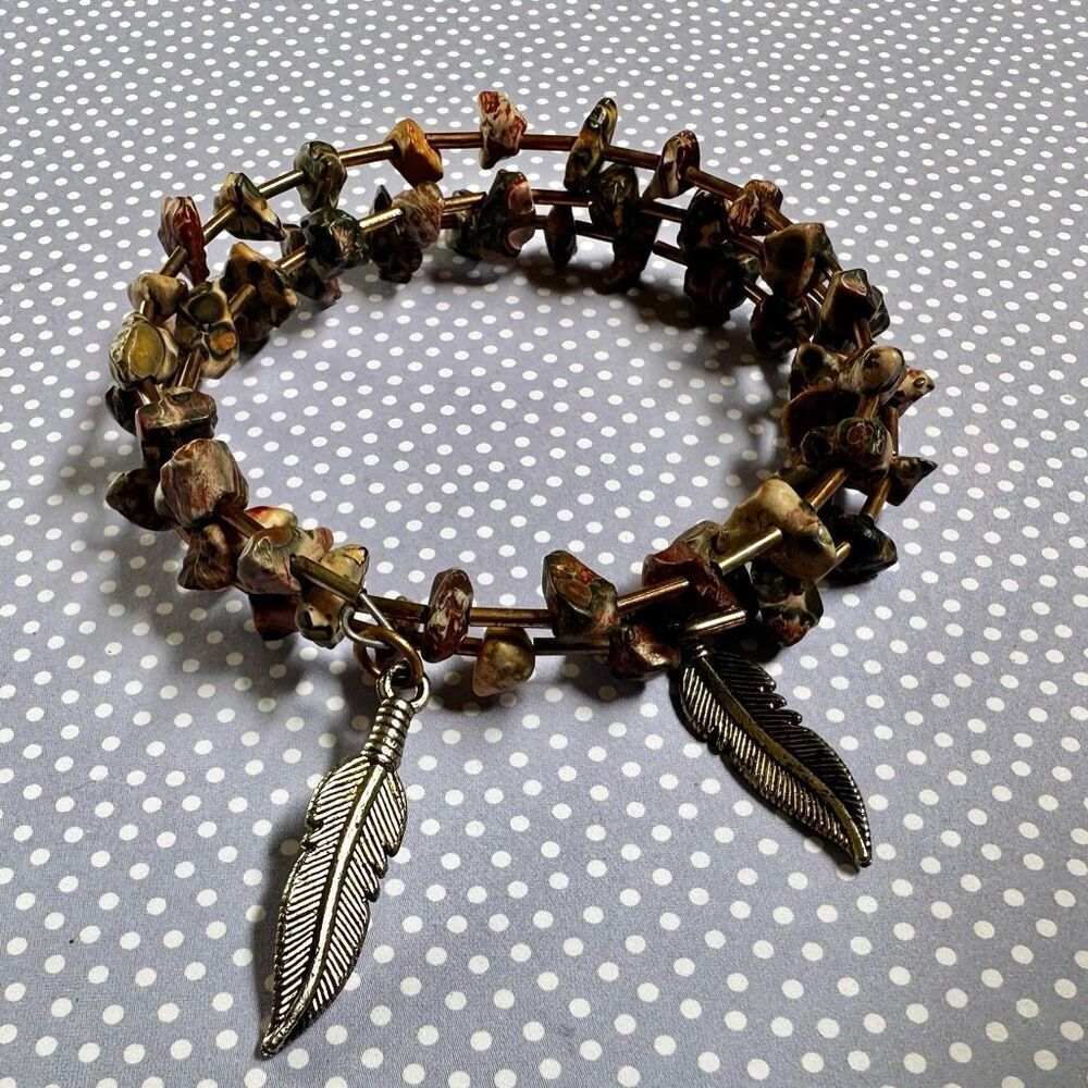Leopard skin Jasper wrap around leaf charm bracelet